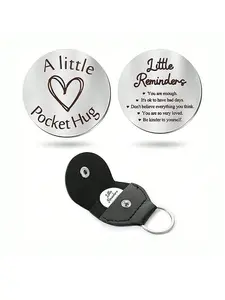Personalized Slogan Pattern Keychain, Stainless Steel Double Sided Pocket Hug Token Keychain, Encouragement Long Distance Relationship Keepsake Inspirational Gifts, Personalized Heart Tag