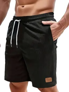 Men's Solid Color Vintage Corduroy Striped Shorts, Drawstring, Pocket, Letter Leather Label, Lightweight Comfortable Gym Shorts, Summer Fitness, Outdoor, Beach Vacation, Lightweight Athletic Shorts