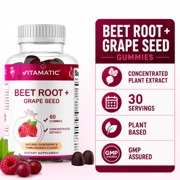 Vitamatic Chewable Beet Root Gummies Dietary Supplement - Vitamins B6,B12,Nicotinamide,Berries Blend,Grape Seed,Pomegranate - Dye-Free,Plant-Based,Vegan,Non-GMO,GMP - Supports Adult Cardiovascular Function - 60 Count