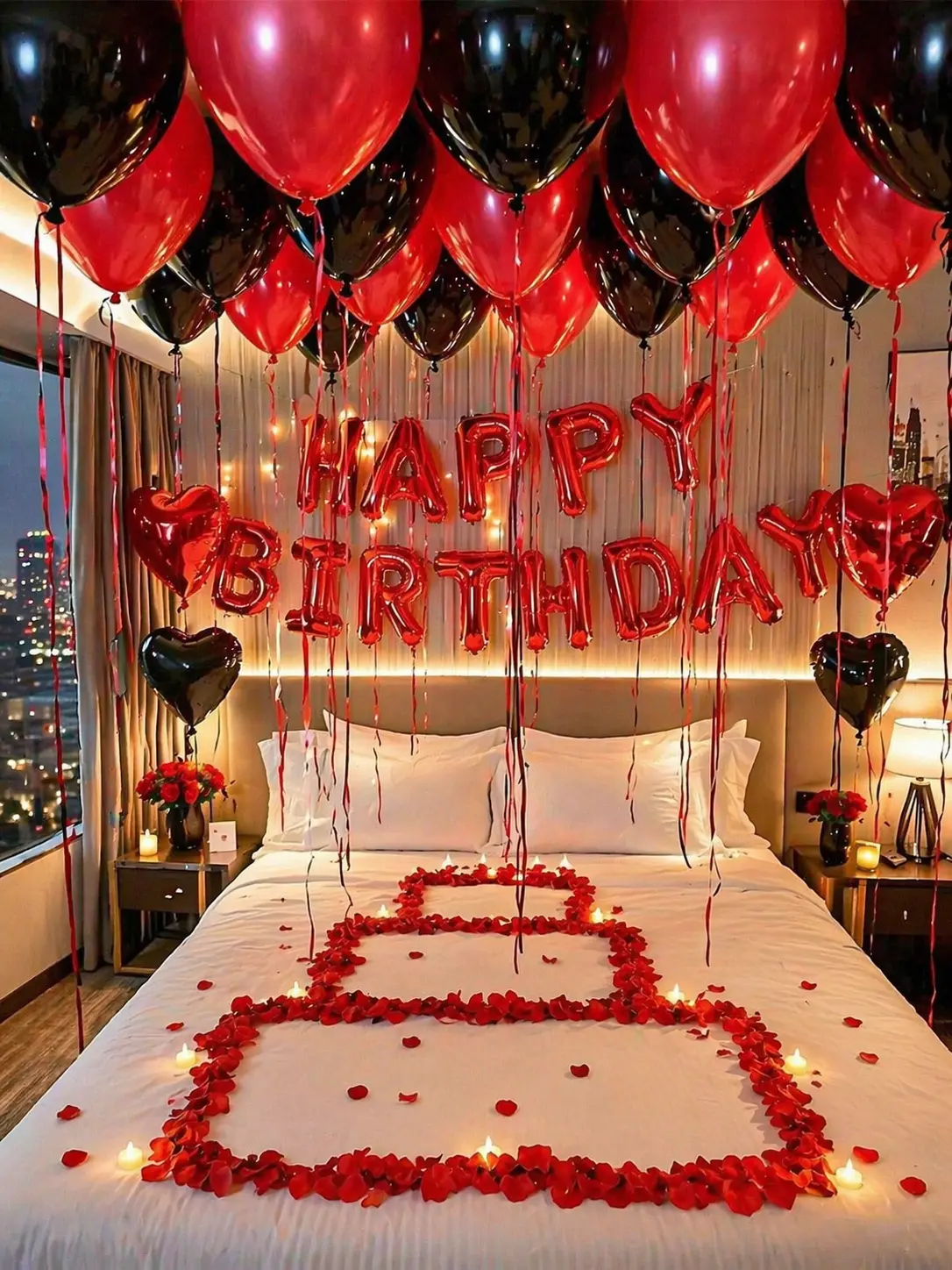 39PCS Red Birthday Balloon Decorations Set, Happy Birthday Letter Balloons with Red Black Latex & Heart Foil Balloons, Romantic Bedroom Surprise Party Decor for Anniversary Photo Backdrop