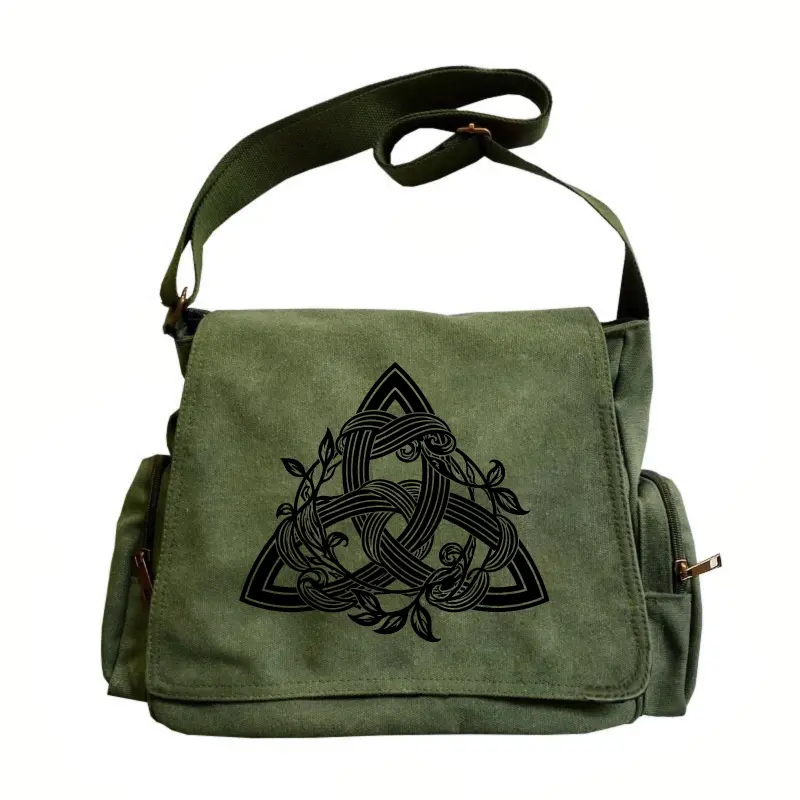 Women’s large-capacity canvas crossbody bag featuring a Celtic triangle knot vine pattern, adjustable shoulder strap, vintage flap design—ideal for commuting, travel, and shopping; an excellent gift choice.