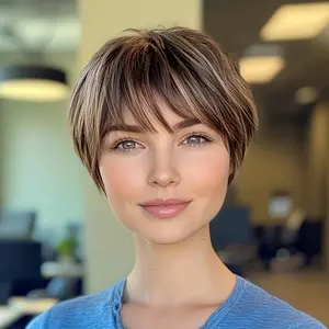Fashionable Women's Pixie Cut Wig- Natural Brown with Highlights Human Hair Machine-Wig,150% High Density for Volume & Fullness, Rose Net Cap for Comfort & Secure Fit, Beginner-Friendly Short Hair Wig for Everyday&Formal Styles,Versatile Wear, Enthusiasts