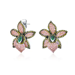 3D Floral Pave CZ Green Pink Orchid Flower Statement Earrings Cubic Zirconia Silver Plated
