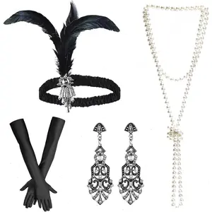 Women 1920s Flapper Set with Headband Beaded Necklaces Earrings Gloves for Vintage Wedding Costume Accessories