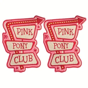 2 Pcs "PINK PONY CLUB" Embroidered Iron-on Patches with Backing Adhesive, Heat-pressable/Sew-on Signature Badges for Trucker Hats, Clothing, Bags Decorative Accessories, DIY Gift