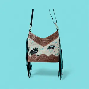 Hand Tooled Leather & Cow Hide Crossbody Bag with Teal & Black Fringe Stylish Cowhide Material