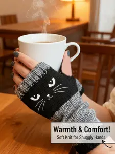 Cute Cat Pattern Touchscreen Fingerless Gloves, Pet Play Gloves, Fall & Winter Essential, Embroidered Knit Mitts, Casual Style