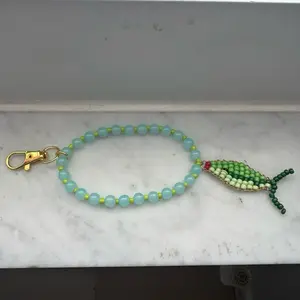 Handmade Summer Fish Hanging Purse Charm with Green Beads and Gold Clasp Accessory