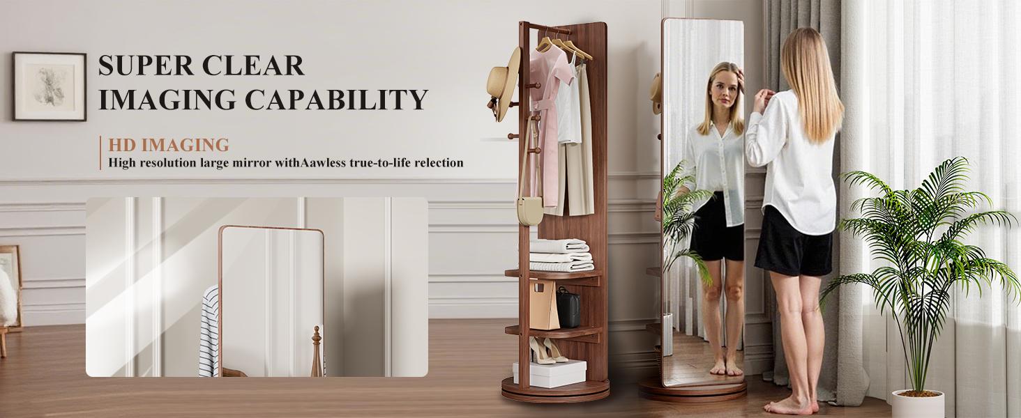 Full Length Mirror with Coat Rack & Storage Hooks, Solid Wood Standing Floor Mirror, Multifunctional Dressing Mirror for Bedroom & Living Room, Space Saving Home Décor Furniture