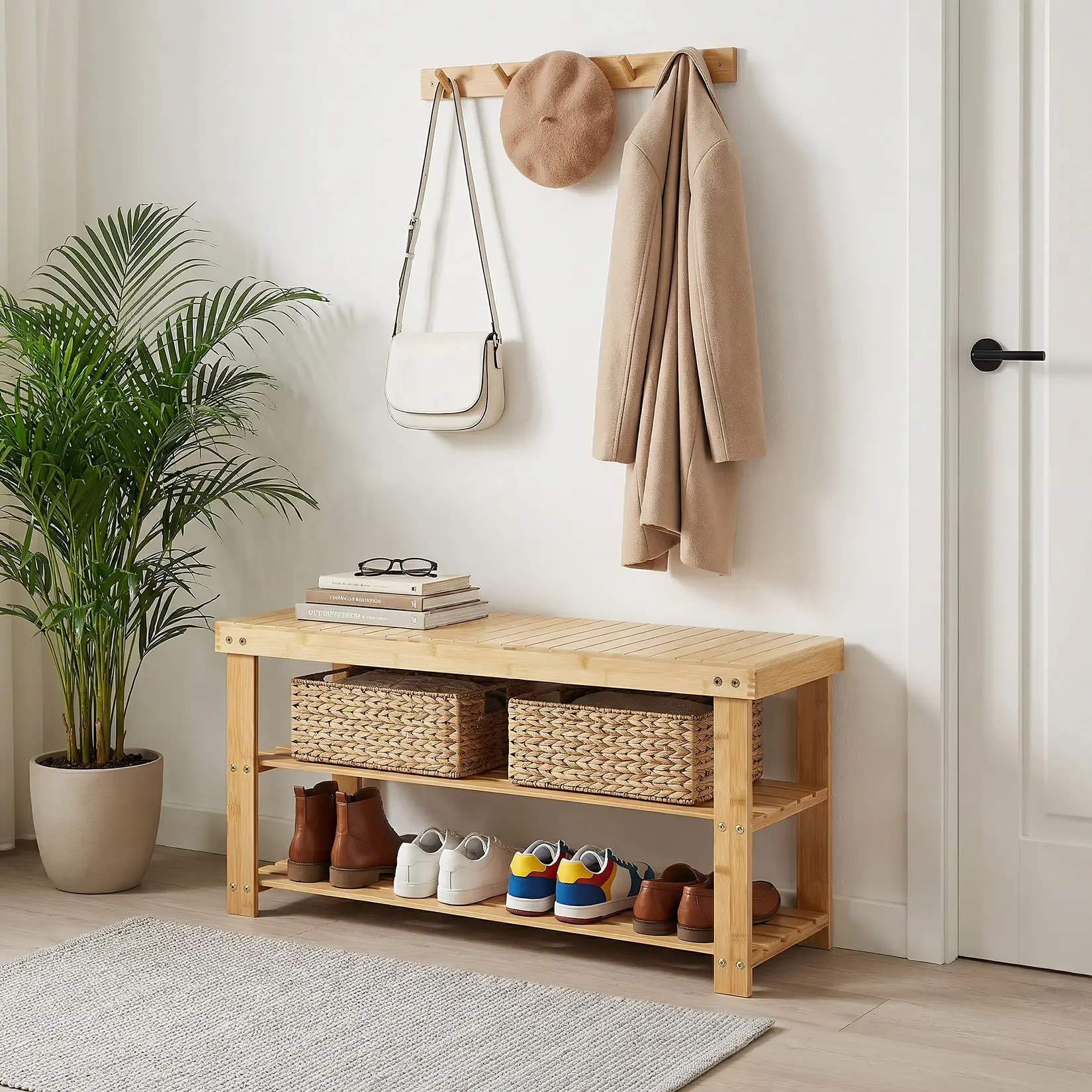 3 Tier Bamboo Shoe Bench Natural Solid Wood Entryway Bench with Storage Shelf Freestanding Shoe Rack Bench for Sitting Mid Century Modern Hallway Living Room Bedroom Brown