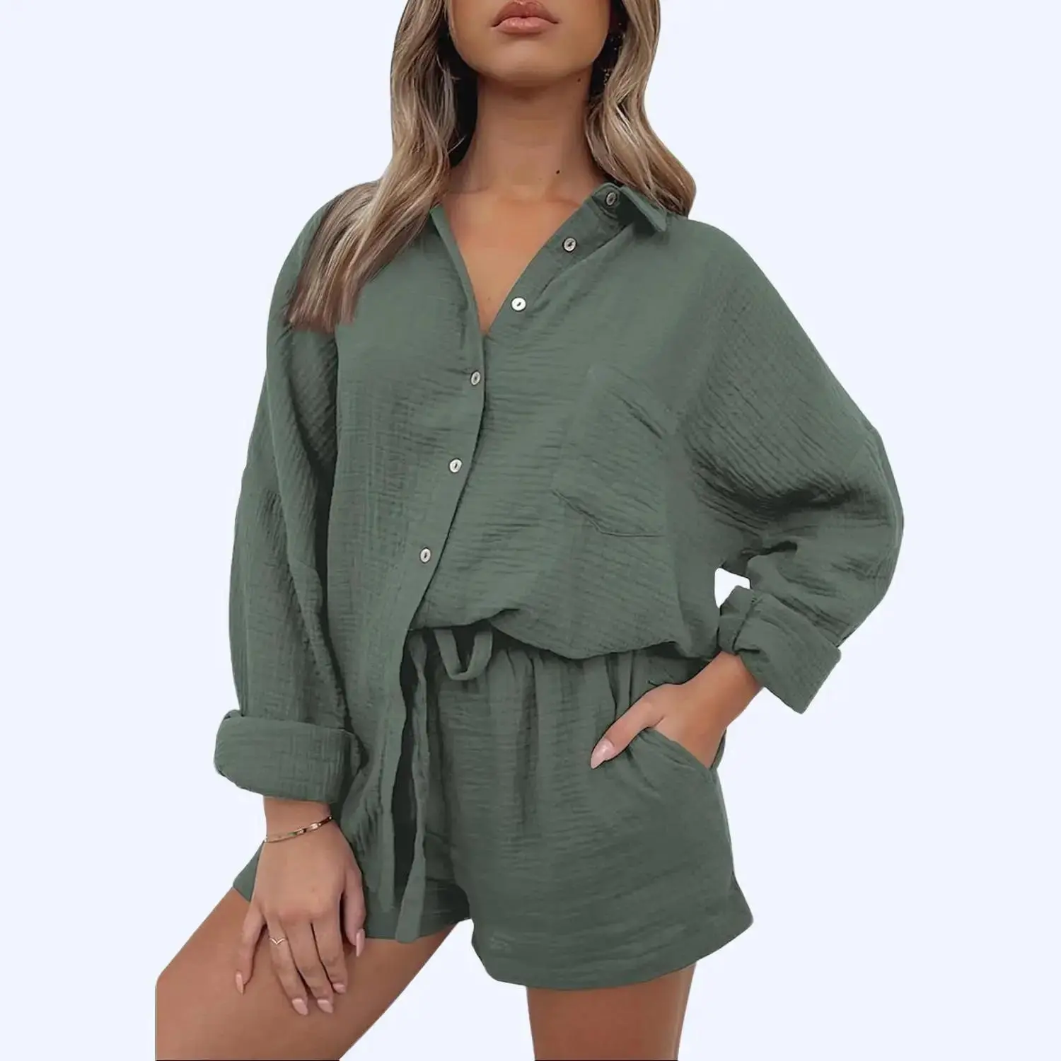 AUTOMET 2 Piece Sets for Women Lounge Wear Matching Two Piece Pajama Fashion Oversized Shirts and Shorts Spring Outfit 2025 AUTOMET