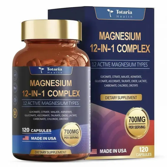 【Limited Time Deal!】Totaria 12-in-1 700mg Magnesium Complex |   Glycinate Citrate Malate OxideTaurate AspartateOrotate,Vegan Capsules for MuscleHeart, and RelaxationSupport |   Non-GMO 240 captures