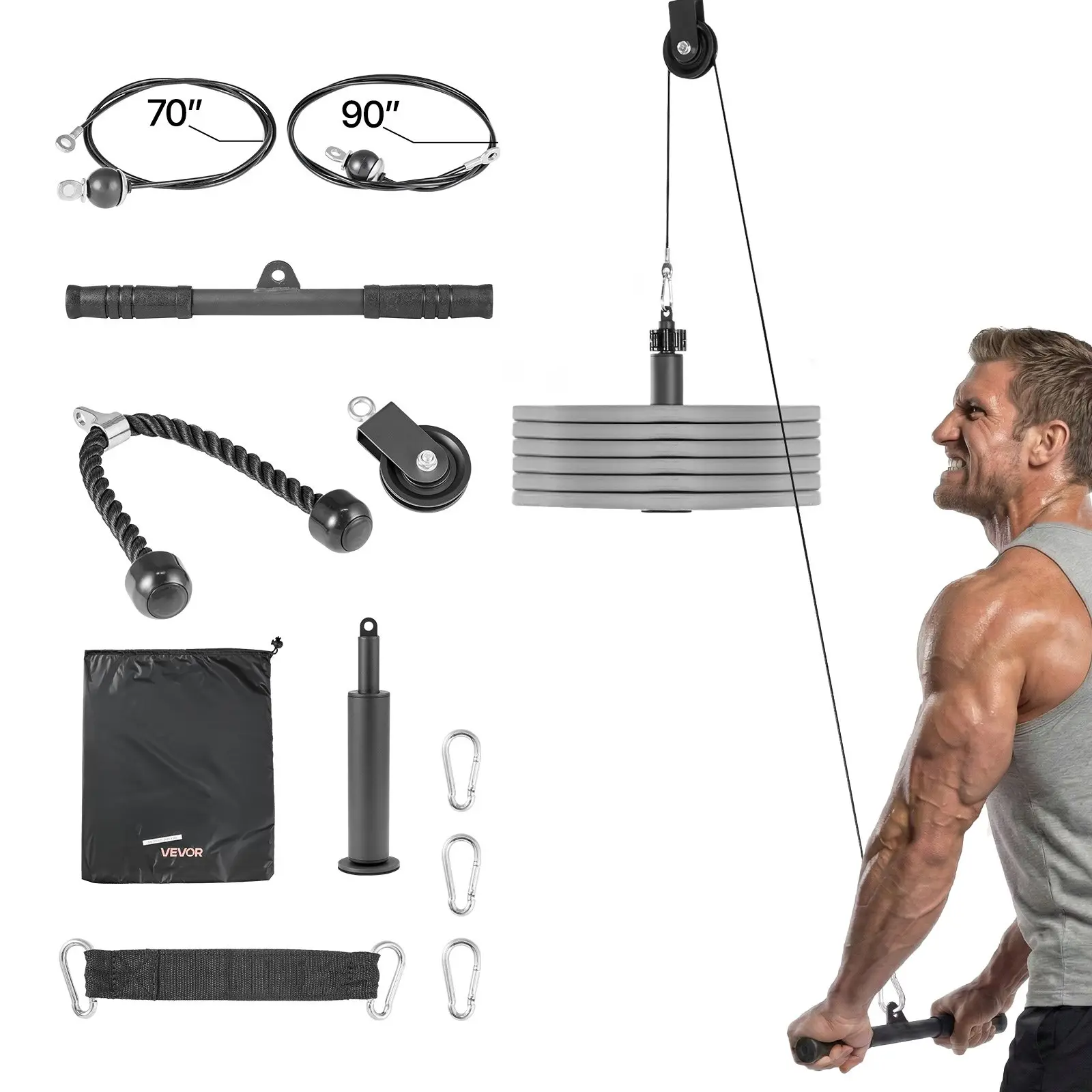 【DealsForYouDays】VEVOR Pulley System, 1 PC LAT and Lift Pulley System, Gym Rack Pulleys Attachment with two Steel Cables, Short Bar, Dual Grip Handles, Cable Machine for Bicep, Shoulder, Back, Up to 280 lbs Capacity