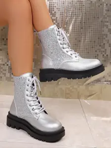Women's Black Leather Combat Boots with Silver Glitter Accents, Lace - Up Design, Chunky Platform Sole, Stylish & Edgy Footwear for Fashion - Forward Looks, Versatile Boots for Casual or Night Out Occasions, Platform Ankle Boots