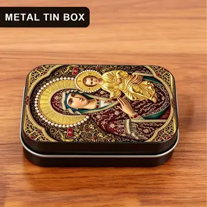 1Pc Virgin Mary and Child Metal Tin Box with Hinged Lid - Religious Icon Small Storage Containers for Rosary, Jewelry, Prayer Cards & Small Keepsakes - Durable Rectangular Tinplate Christian Gift for Prayer (Gold/Black)
