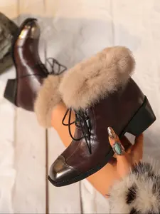 Women's Vintage PU Leather Ankle Boots, Square Heel Design, Rubber Autumn/winter Fringe Round Toe Streetwear Patchwork Design Boots, Fashionable and Comfortable
