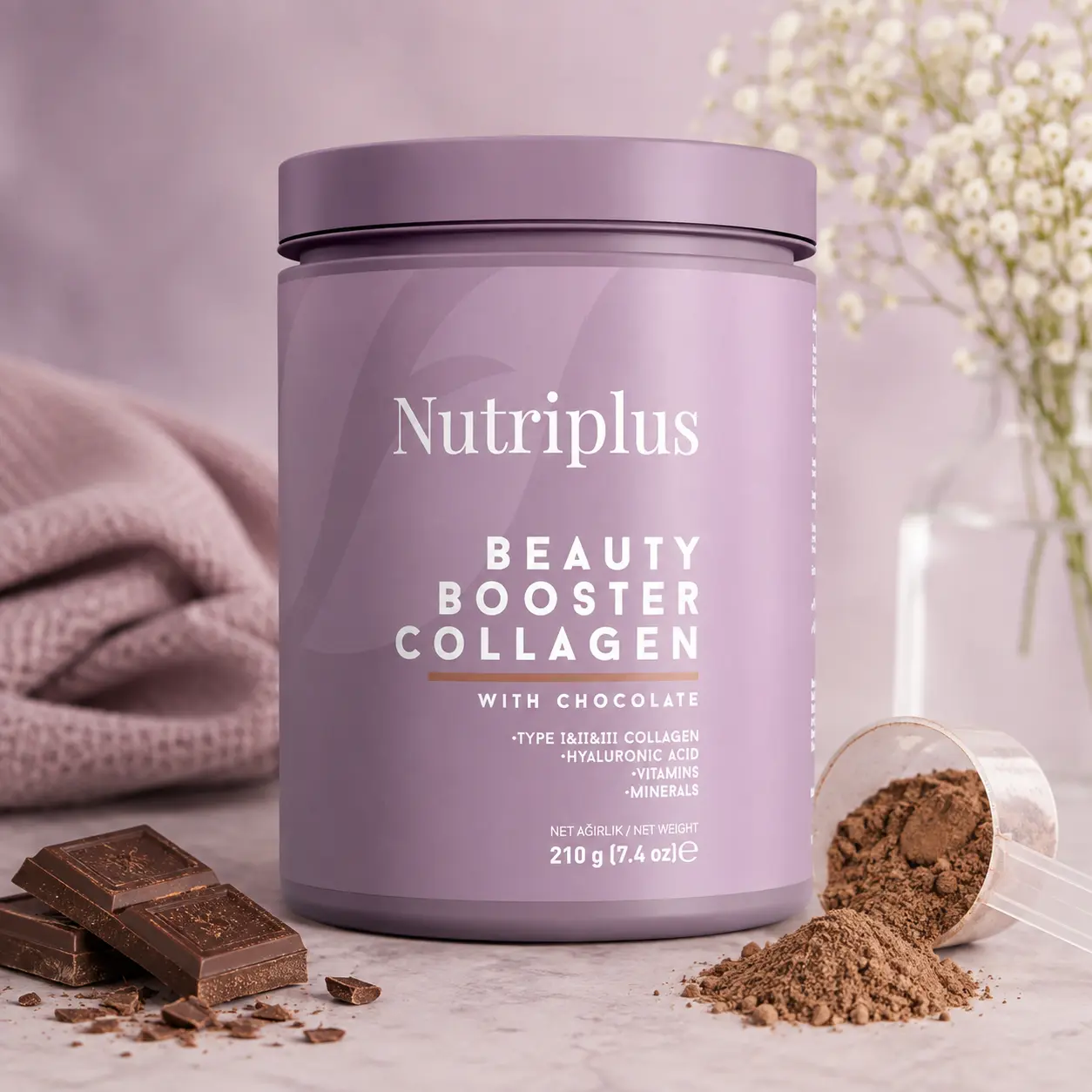 Nutriplus Beauty Booster Collagen with Chocolate, Type I II III Collagen, Hyaluronic Acid, Vitamins & Minerals, 7.4 oz (210 g)