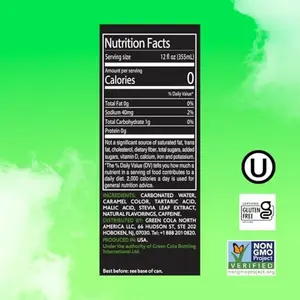 Green Cola - Sugar Free, Zero Calories, Naturally Sweetened with 100% Stevia Leaf Extract, Carbonated Soda, 100% Cola Taste, 12 Fl Oz each can - Pack of 8