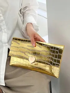 Women's Crocodile Embossed Envelope Clutch Wallet, Silver Color Metal Decor Handbag, Party Wedding Graduation Prom Gift, Cute Clutch
