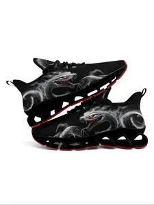 Men's Chinese Snake Year Theme Lace Up Wide Fit Sports Sneakers, Trendy Personalized Original Design with Breathable Sole, Casual Comfortable Sports Running Shoes