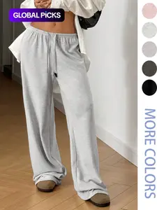 Women's Solid Color Drawstring Waist Adjustable Loose Fit Wide Leg Pants, Casual Comfy Trousers for Spring & Fall, Women's Bottoms for Daily Wear, Baggy Pants