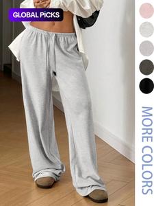 women's solid color drawstring waist wide leg pants, casual comfy trousers for spring & fall, women's bottoms for daily wear, baggy pants, womenswear, pants for women