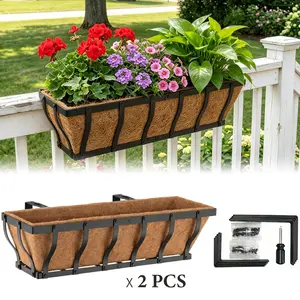 VOXOR Adjustable Metal Railing Planter Box with Coco Liner,2~3 pack, 24 inch, Black