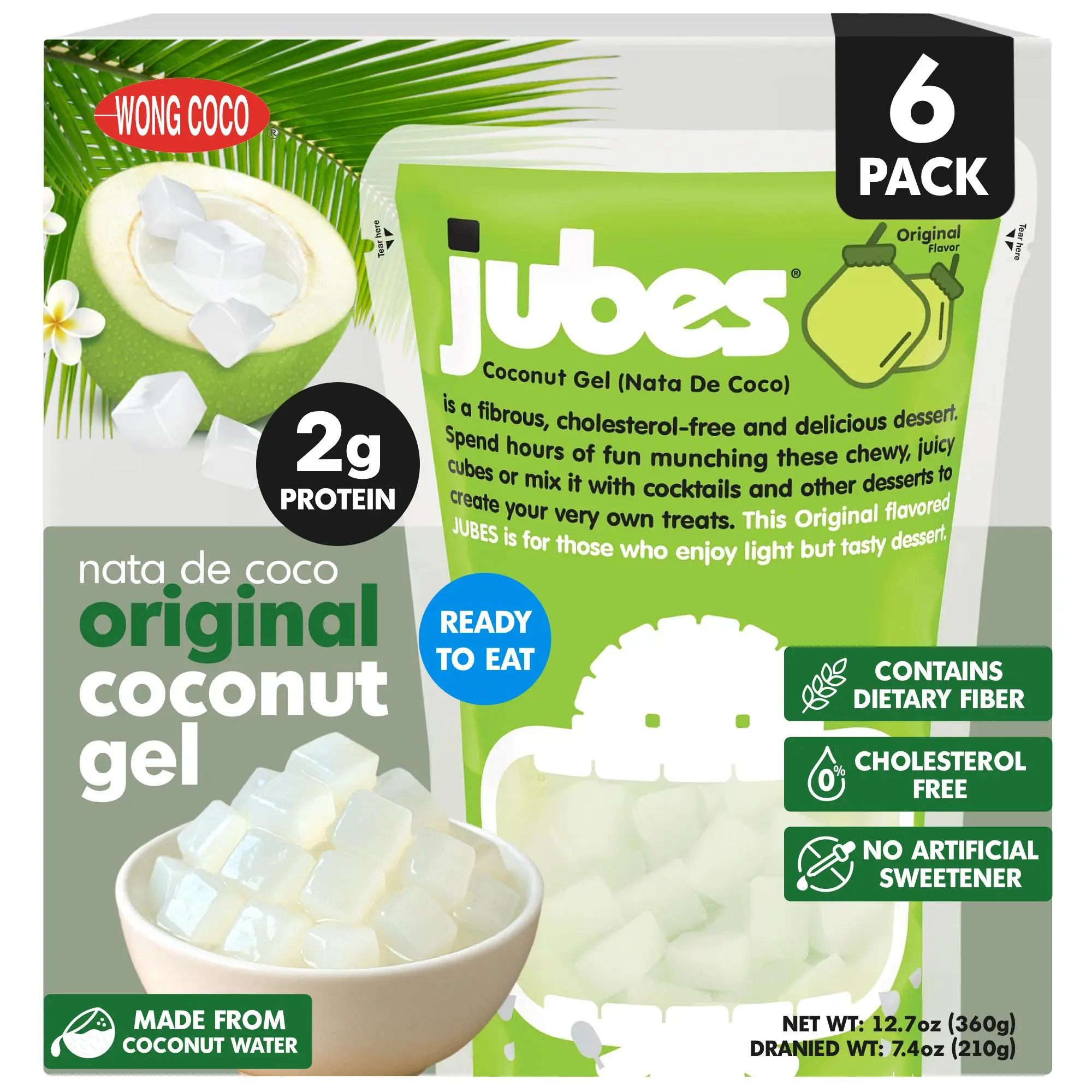 Jubes Nata De Coco Coconut Jelly Cubes, Single Flavor Pack of 6 Dessert Treats, Chewy Jelly Packets for Toppings and Snacking