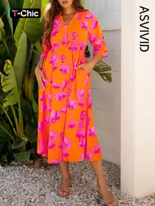 Women's Casual Floral Print Frilly Smocked V-Neck Long Flowy Dress with Pocket, 3/4 Sleeve, All Seasons, Fashionable and Comfortable, Perfect for Daily Wear, Womenswear