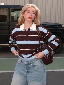 Women's Retro Striped Polo Neck Long Sleeve Sweatshirt Tops in and Blue, Casual Elegant Style for Fall and Spring, Perfect for Daily Commuting