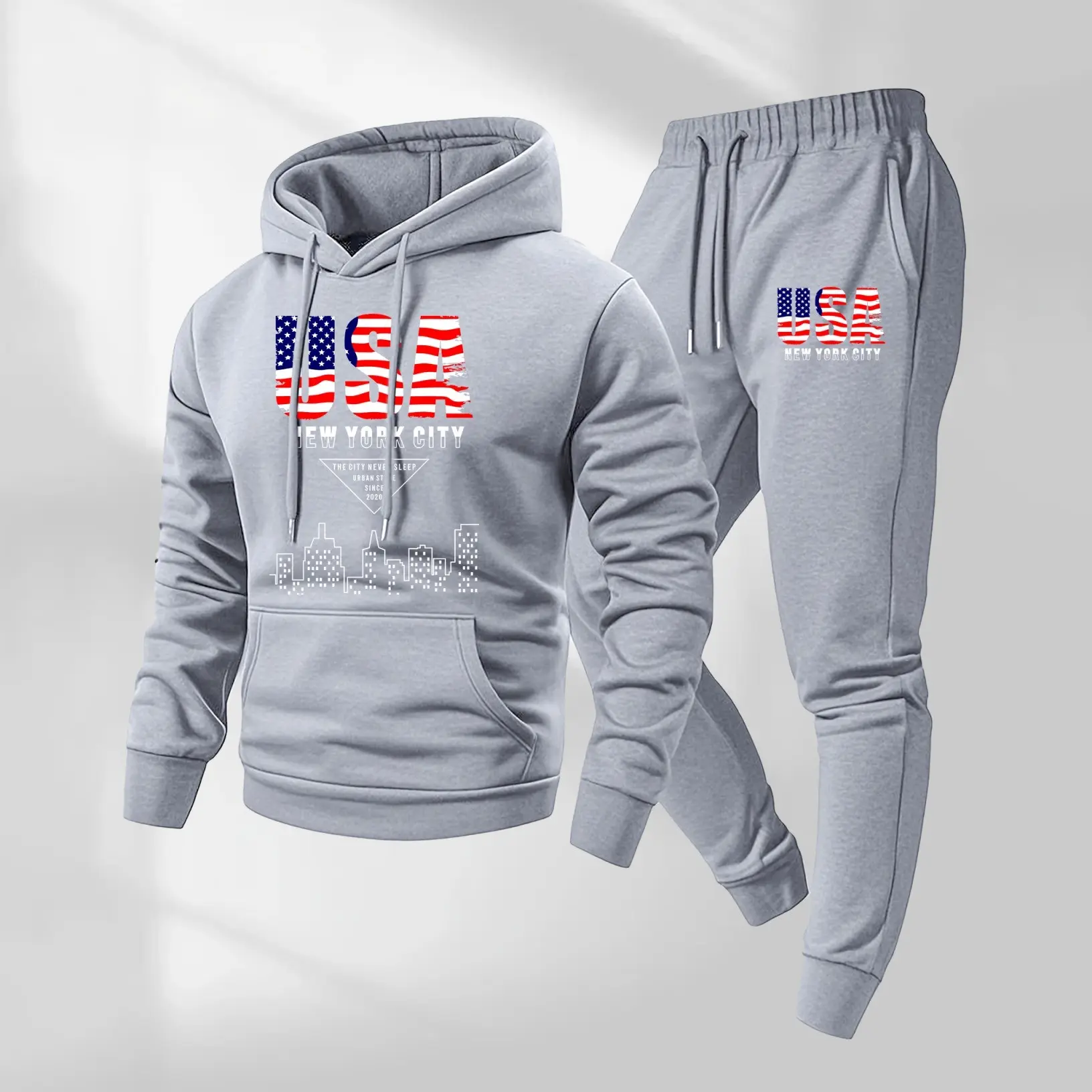 Men's New York print hooded sweatshirt and drawstring sweatpants set, men's casual sportswear, long-sleeved hooded jacket and pants, suitable for autumn and winter, men's everyday casual wear, sportswear set, casual sportswear.