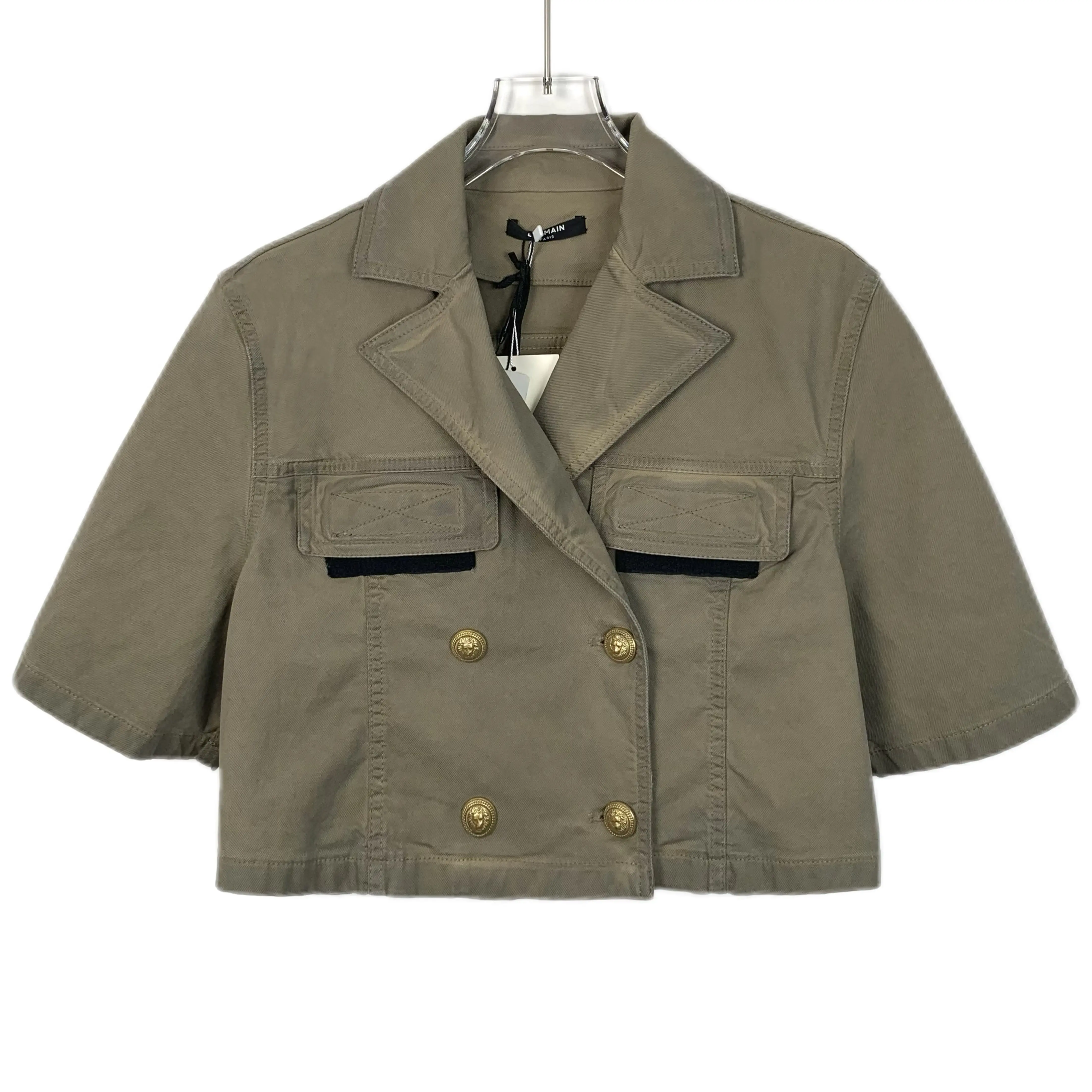 RDLT- Balmain Olive Green Cotton Double-Breasted Denim Crop Shirt Size 38