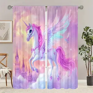 2pcs Dreamy Unicorn Print Curtains, Polyester Material, Semi-Transparent Privacy Protection, Washable, Rod Pocket Hanging, Bedroom & Living Room Decor