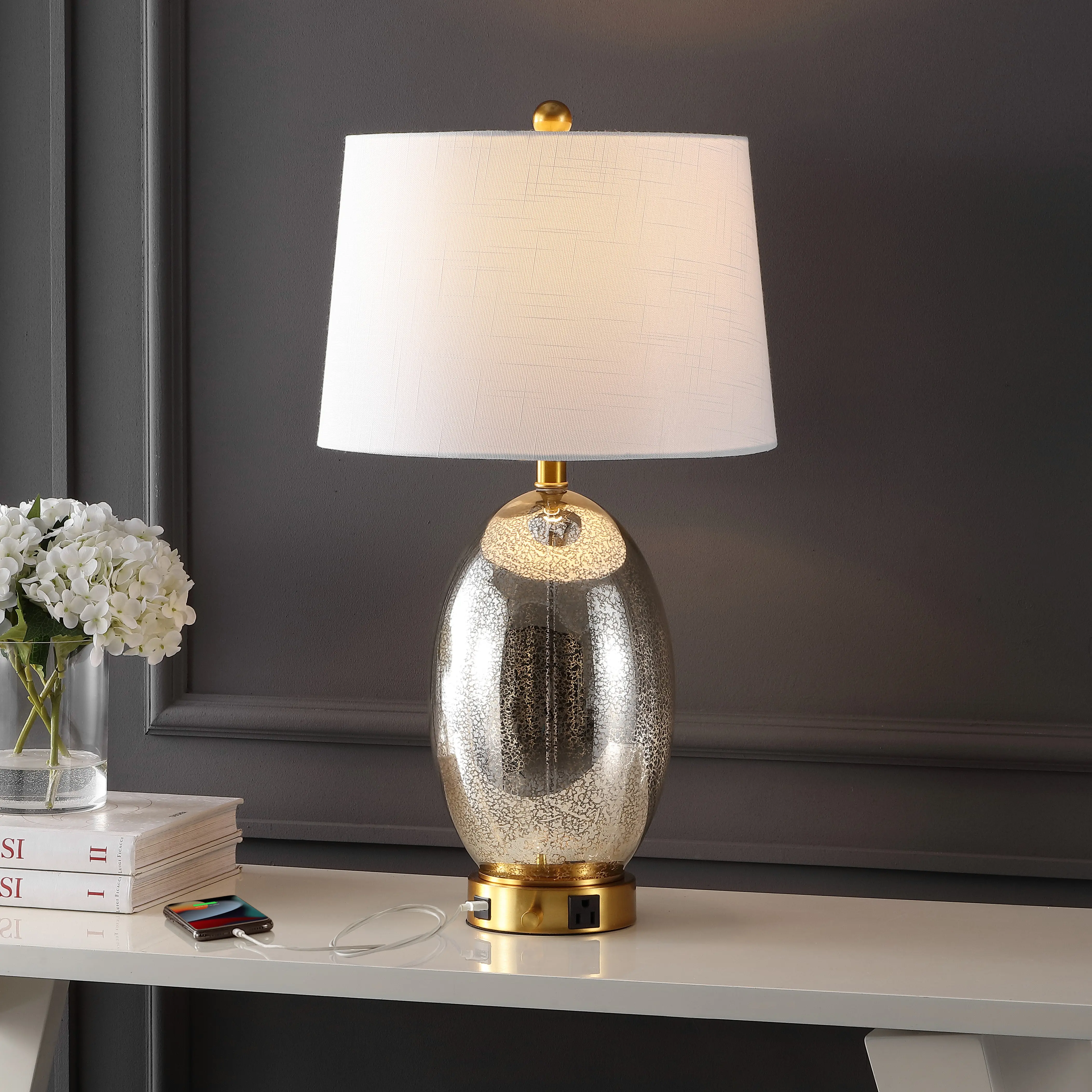 JONATHAN Y Reese 1-Outlet Contemporary Style Iron/Glass LED Table Lamp with USB Charging Port , for bedroom, living room, foyer, hallways, dining room, dorms