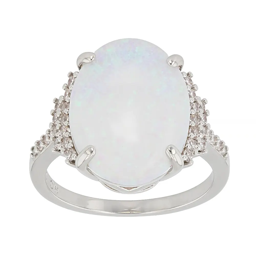 JTV Ring, Opal Center Design with White Cubic Zirconia, Rhodium-Plated Natural Crystal Ring, 3.99ctw
