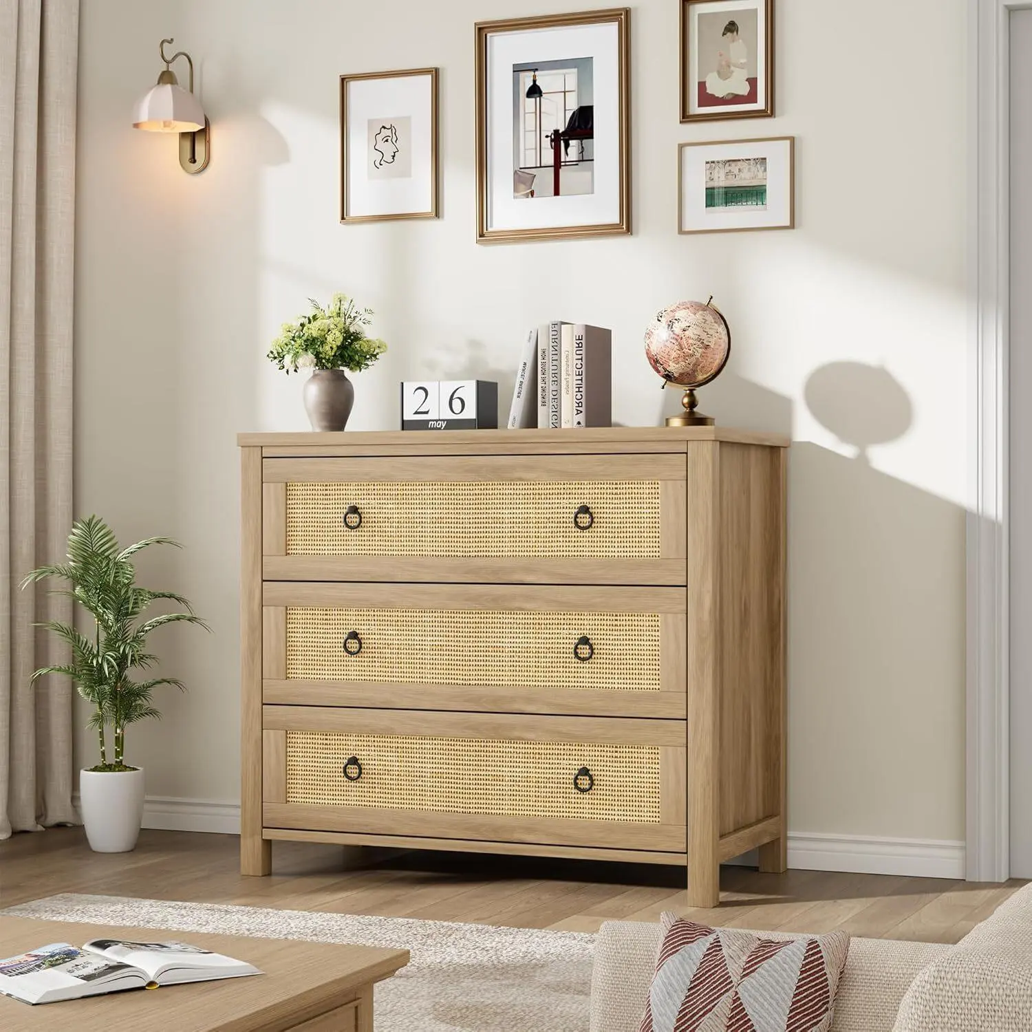 Boho Rattan 3-Drawer Tall Wooden Freestanding Storage Dresser, Natural Indoor Furniture with 3 Drawers for Bedroom, Living Room, Three Drawers