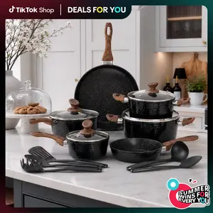 Kitchen Academy Premium Cookware Sets - 15 Pieces Triple Coated Nonstick Aluminum Composition for Oven, Stovetop, Hammered Design, Cooking Pans Set, Deals for you