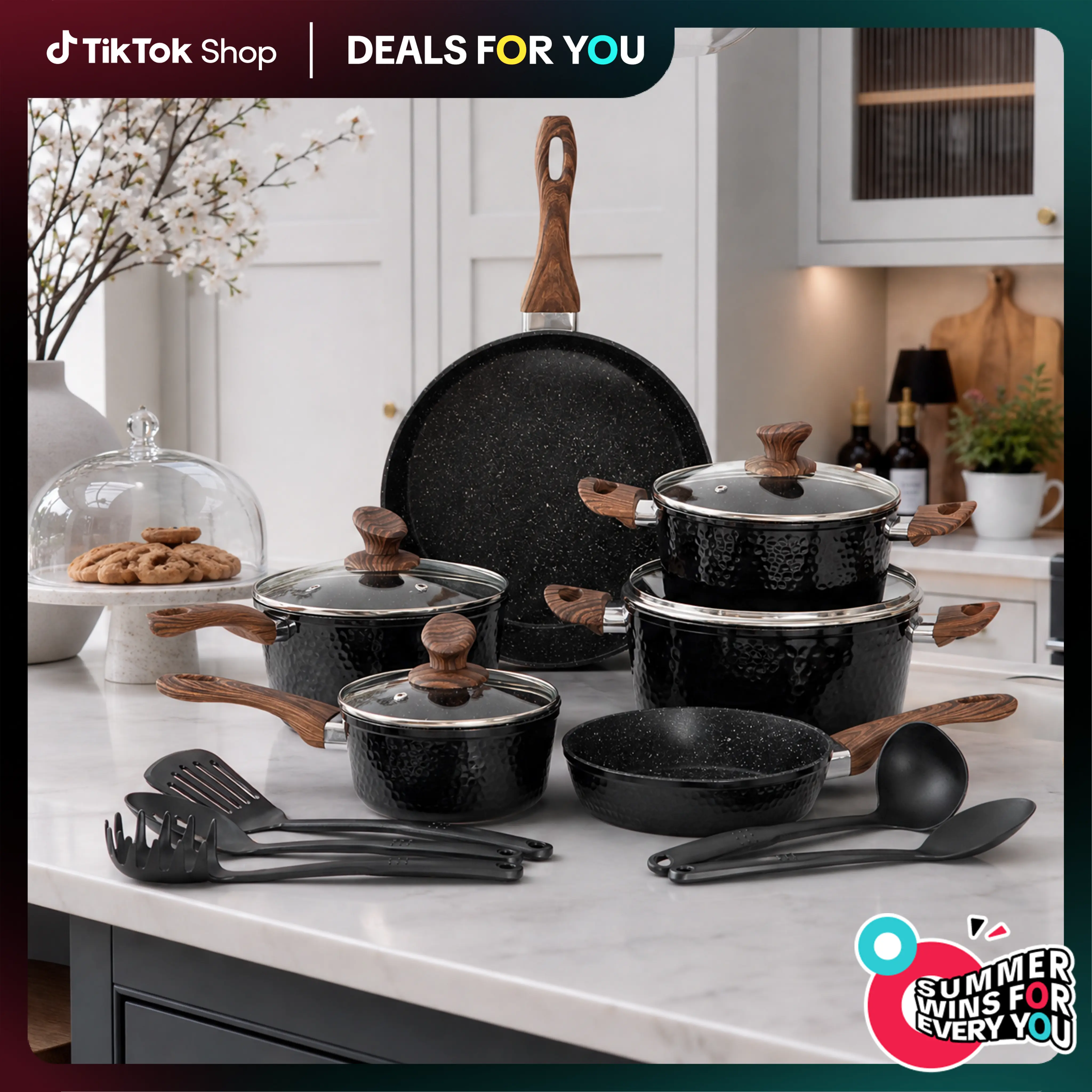 Kitchen Academy Premium Cookware Sets - 15 Pieces Triple Coated Nonstick Aluminum Composition for Stovetop, Hammered Design, Cooking Pans Set