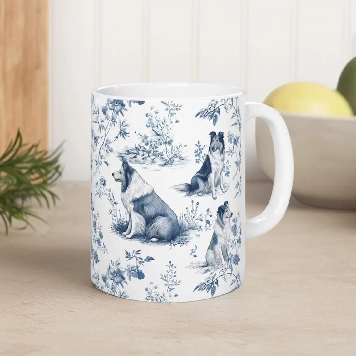 [Sale off up to 50%] Rough Collie French Toile Mug - Elegant Blue Toile de Jouy Coffee Cup for Collie Mom, Blue Floral Chinoiserie Ceramic Tea Cup Gift Dog Lover, 11oz & 15oz ceramic mug