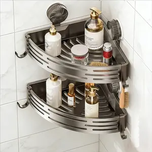 Shower bracket, no-drill storage rack, large-capacity suction cup corner basket, includes hooks and a shower shelf; bathroom accessories, toiletries