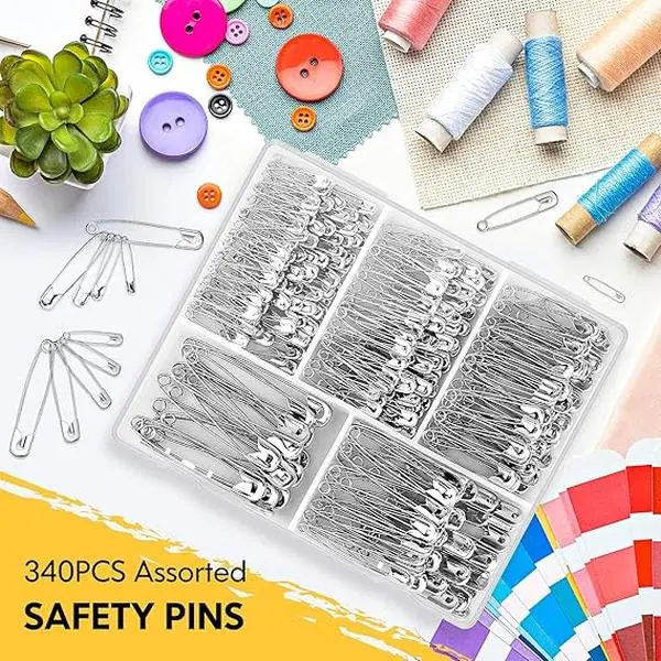 340 Pack Safety Pins Assorted, 5 Different Sizes Small and Large Safety Pins, Safety Pins for Clothes Halloween Costume Pins Sewing, Nickel Plated Steel Pin Bulk, Arts and Crafts Supplies (Silver)