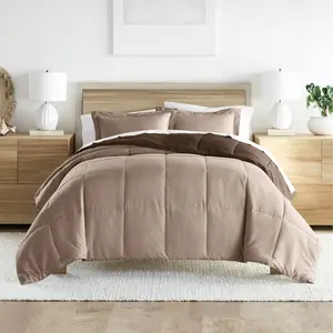 3-Piece Taupe & Chocolate Reversible Down Alternative Comforter Set, Full/Queen, 1 Comforter: 90" x 94", 2 Standard Shams: 20" x 26" (2" flange)