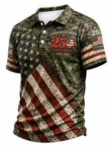 Patriotic American Flag Polo Shirt for Men in Navy AOR-1 Desert Camo, American 250th Anniversary 1776 2026 Polo Shirt for 4th of July Gifts