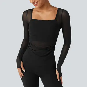 Halara Square Neck Long Sleeve Thumb Holes Contrast Mesh Ruched Curved Hem 2-in-1 Workout Top