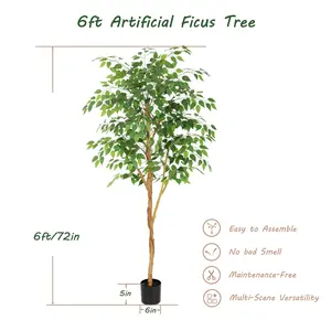 Bellacat 5/6/7ft Faux Ficus Tree with Real Wood Trunk, 72in Fake Ficus Tree with Lifelike Leaves, Ficus Tree Artificial for Living Room Bedroom Office Decor