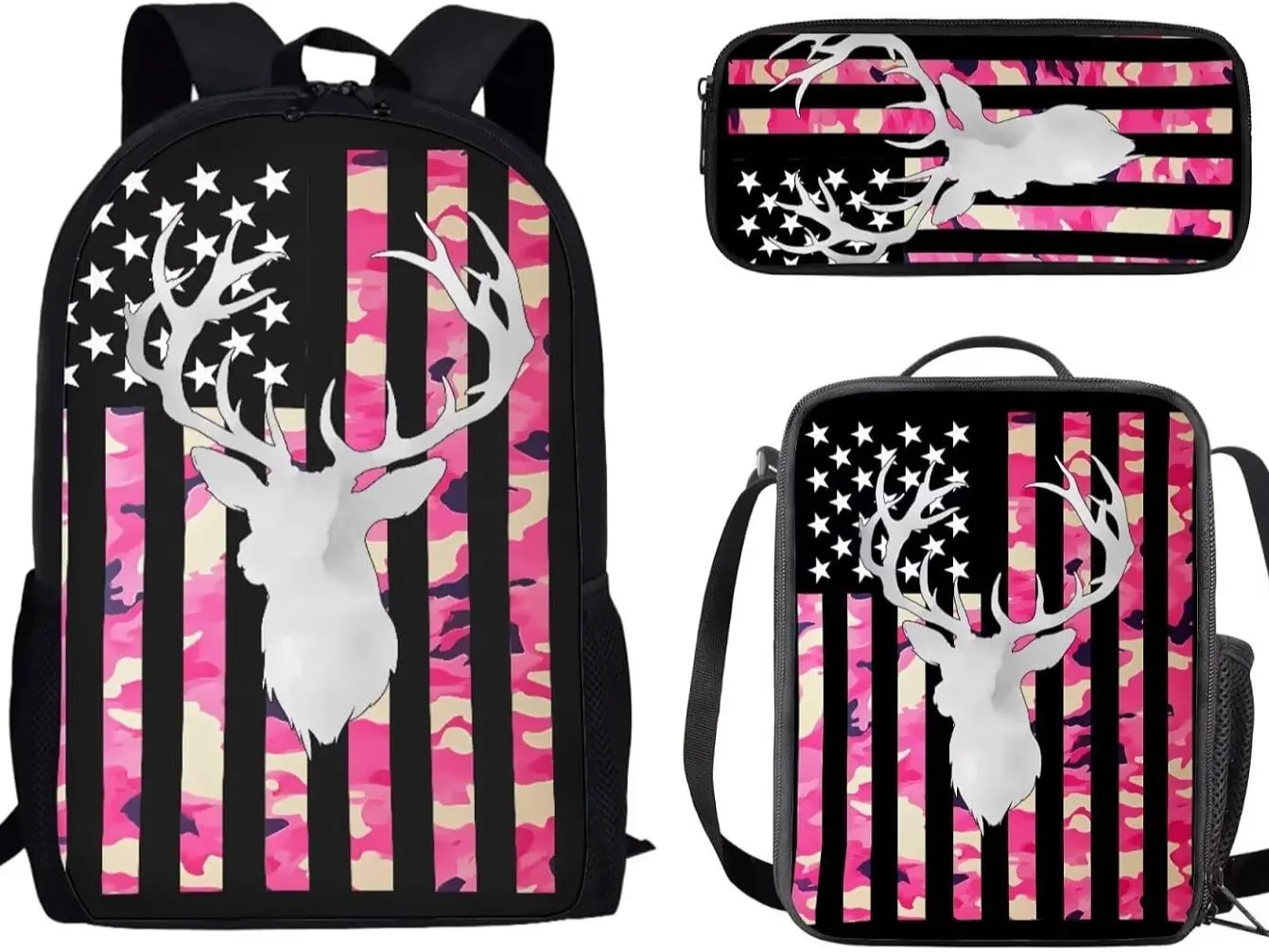 Pink Camo American Flag White Deer Head 3PCS Kids Backpack Set, Waterproof Large Capacity School Bag with Insulated Lunch Box & Pencil Pouch, Pink Camouflage Stars Stripes Hunting Buck Print Student Bookbag for Girls Youth Hunter Wildlife Lovers