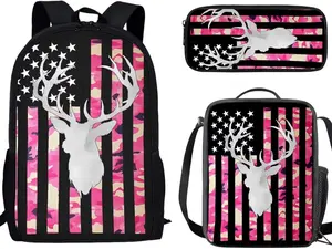 Pink Camo American Flag White Deer Head 3PCS Kids Backpack Set, Waterproof Large Capacity School Bag with Insulated Lunch Box & Pencil Pouch, Pink Camouflage Stars Stripes Hunting Buck Print Student Bookbag for Girls Youth Hunter Wildlife Lovers