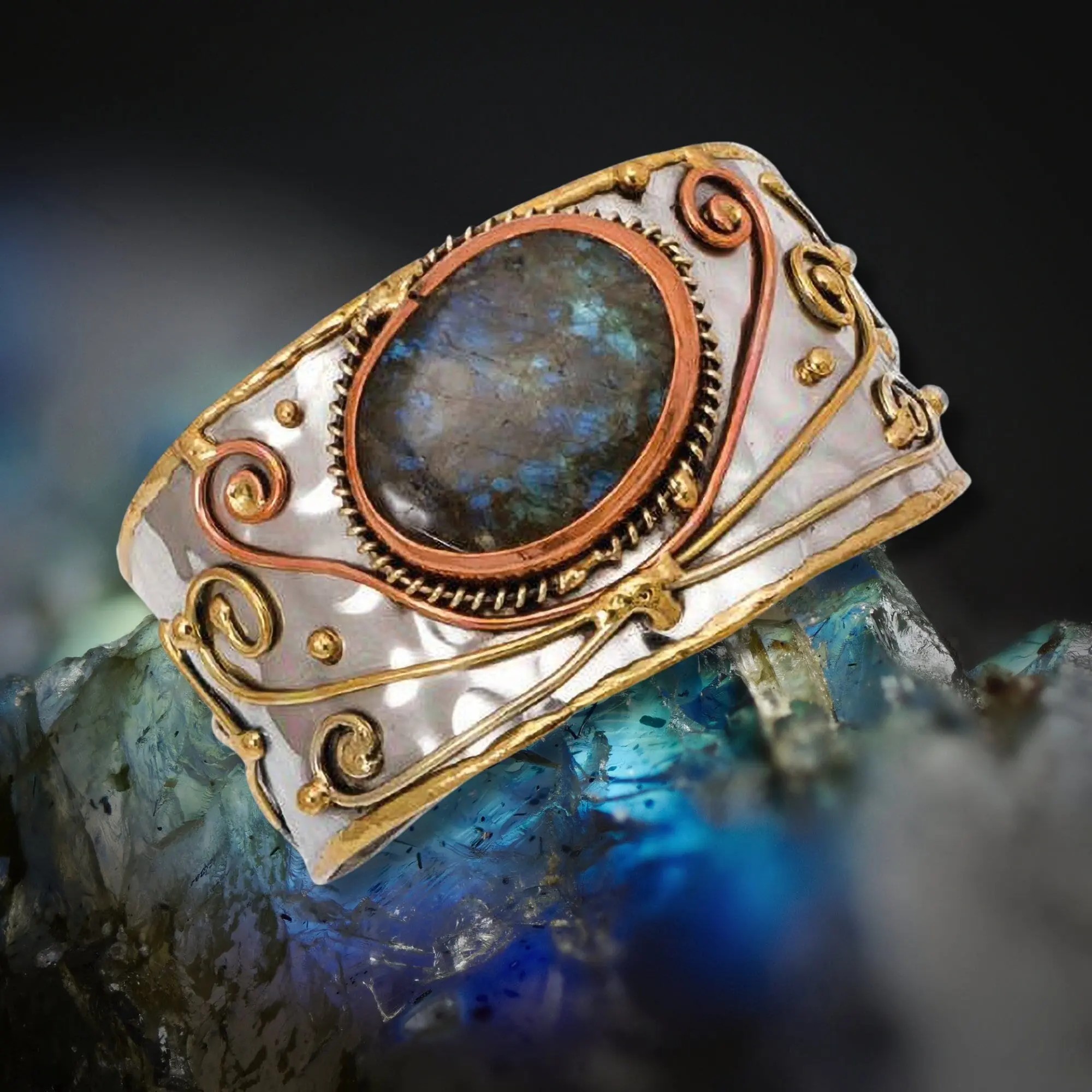 Mixed Metal Statement Cuff Bracelet - Labradorite