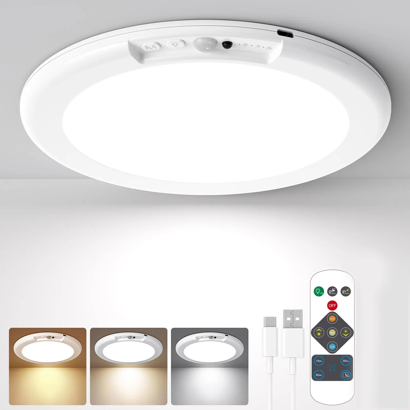 Rechargeable Sensor Ceiling Light with Remote Control - USB Charging - Magnetic Wireless Ceiling Light for Closet Shower Stairs Shed, Rchargeable Ceiling Light