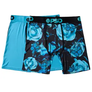 PSD Mens Butterfly Boxer Brief 2 Pack - Standard Length 7 Inch Inseam, Soft and Breathable Cotton Blend Fabric